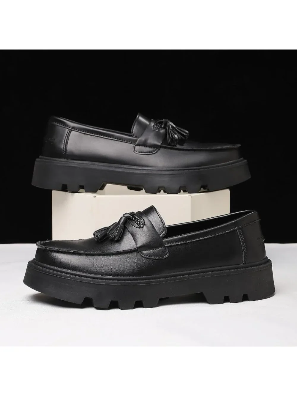 Men's Matte Black Patent Leather Loafers Chunky Heel Tassel Slip On Dress Shoes